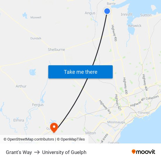 Grant's Way to University of Guelph map