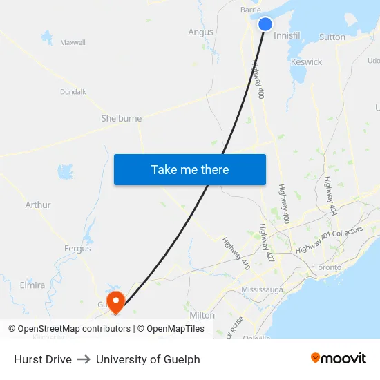Hurst Drive to University of Guelph map