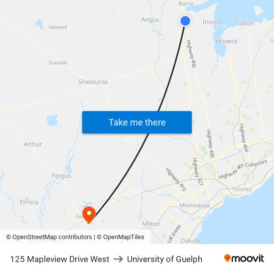 125 Mapleview Drive West to University of Guelph map