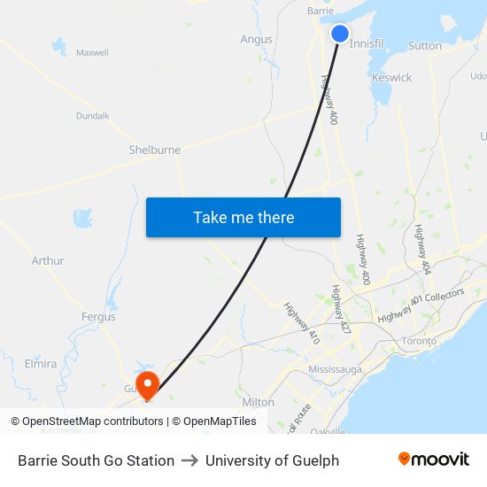 Barrie South Go Station to University of Guelph map