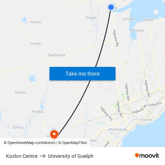 Kozlov Centre to University of Guelph map