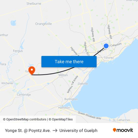 Yonge St. @ Poyntz Ave. to University of Guelph map