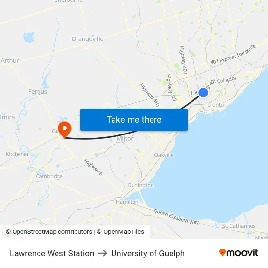Lawrence West Station to University of Guelph map
