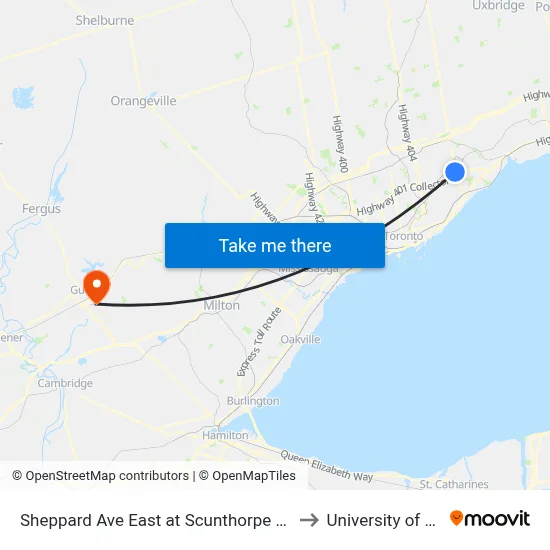 Sheppard Ave East at Scunthorpe Rd West Side to University of Guelph map
