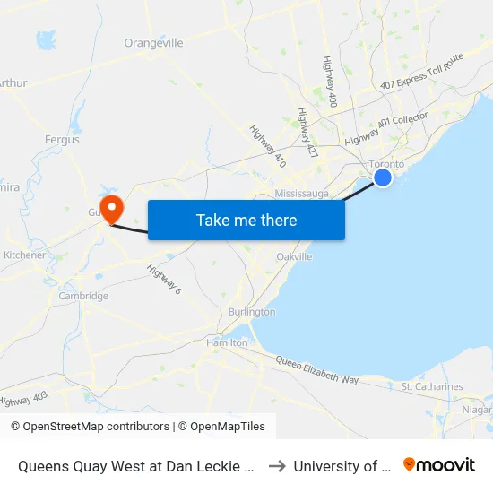 Queens Quay West at Dan Leckie Way East Side to University of Guelph map