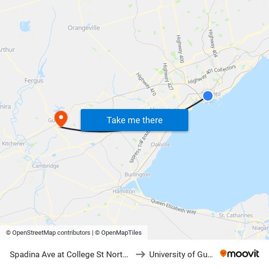 Spadina Ave at College St North Side to University of Guelph map