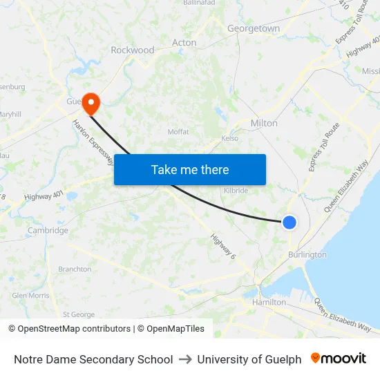 Notre Dame Secondary School to University of Guelph map