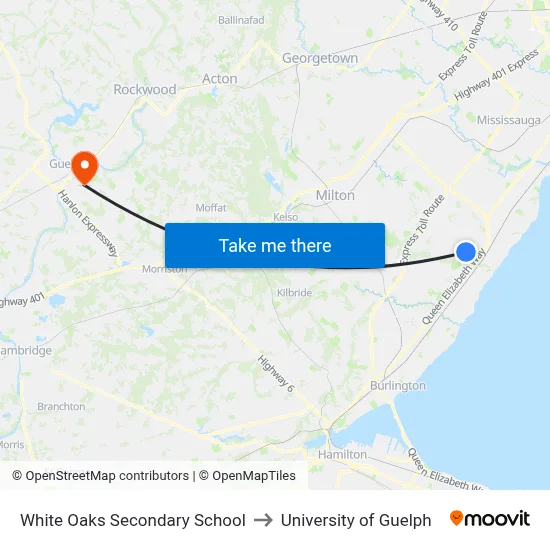 White Oaks Secondary School to University of Guelph map