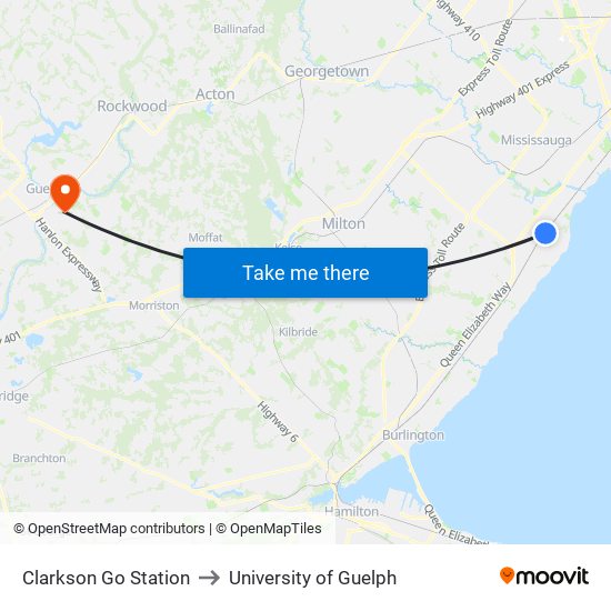 Clarkson Go Station to University of Guelph map