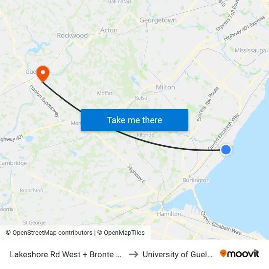 Lakeshore Rd West + Bronte Rd to University of Guelph map