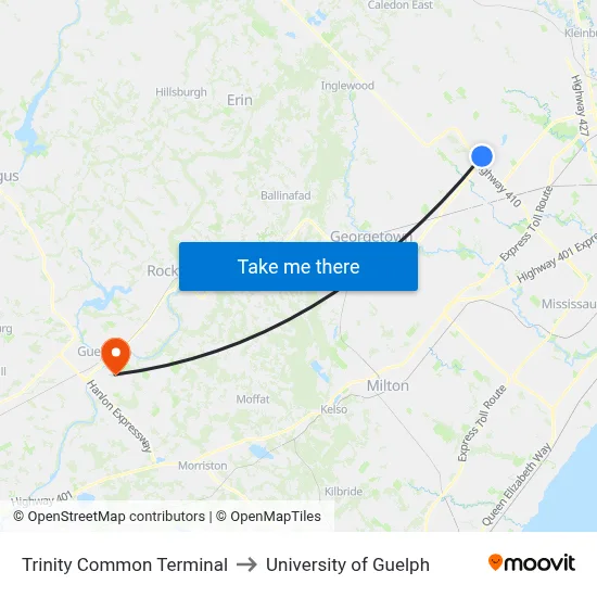 Trinity Common Terminal to University of Guelph map