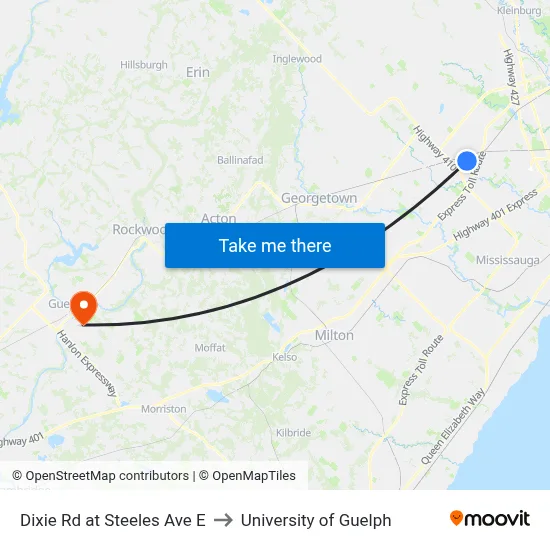 Dixie Rd at Steeles Ave E to University of Guelph map