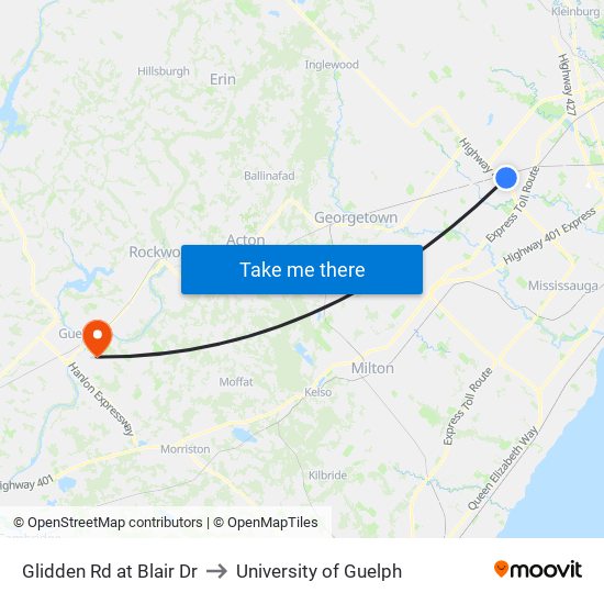 Glidden Rd at Blair Dr to University of Guelph map