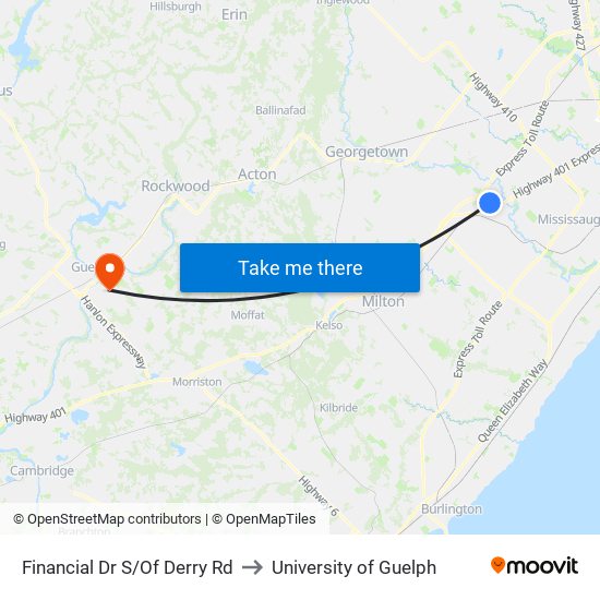 Financial Dr S/Of Derry Rd to University of Guelph map