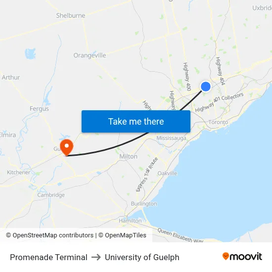 Promenade Terminal to University of Guelph map