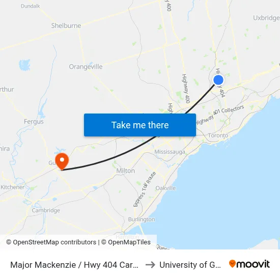 Major Mackenzie / Hwy 404 Carpool Lot to University of Guelph map