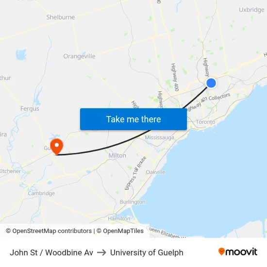 John St / Woodbine Av to University of Guelph map
