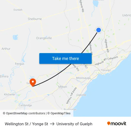 Wellington St / Yonge St to University of Guelph map