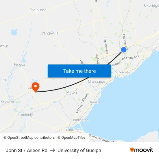 John St / Aileen Rd to University of Guelph map