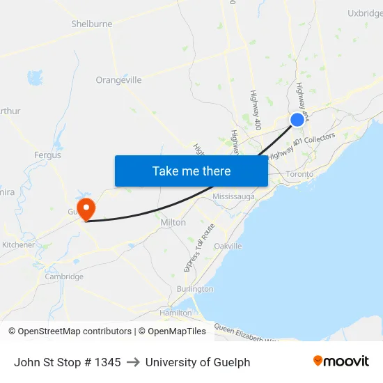 John St Stop # 1345 to University of Guelph map