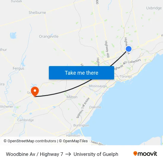 Woodbine Av / Highway 7 to University of Guelph map