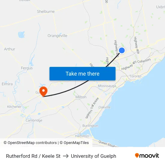 Rutherford Rd / Keele St to University of Guelph map