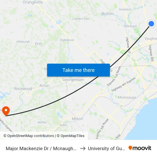 Major Mackenzie Dr / Mcnaughton Rd to University of Guelph map