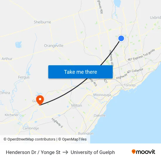 Henderson Dr / Yonge St to University of Guelph map
