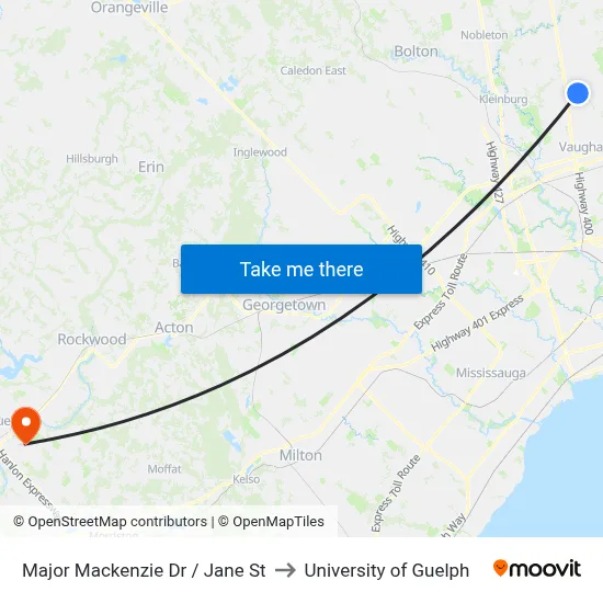 Major Mackenzie Dr / Jane St to University of Guelph map