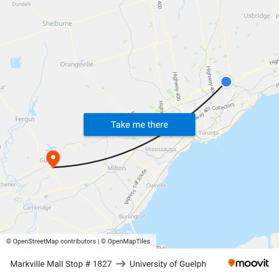 Markville Mall Stop # 1827 to University of Guelph map