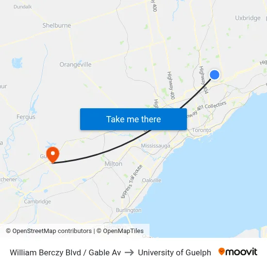 William Berczy Blvd / Gable Av to University of Guelph map
