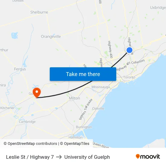 Leslie St / Highway 7 to University of Guelph map