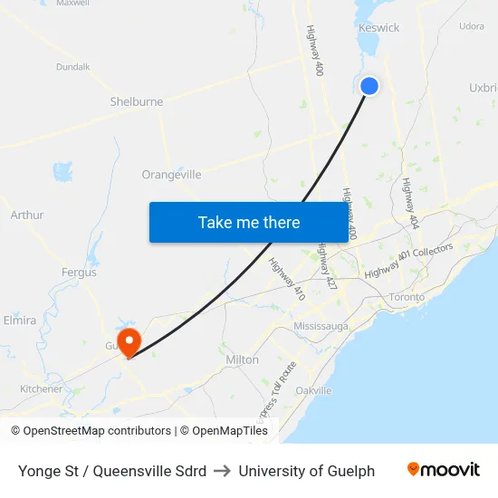 Yonge St / Queensville Sdrd to University of Guelph map