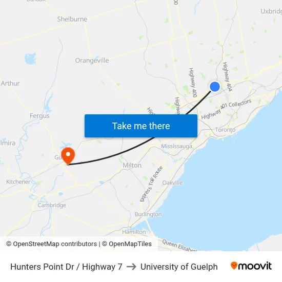 Hunters Point Dr / Highway 7 to University of Guelph map
