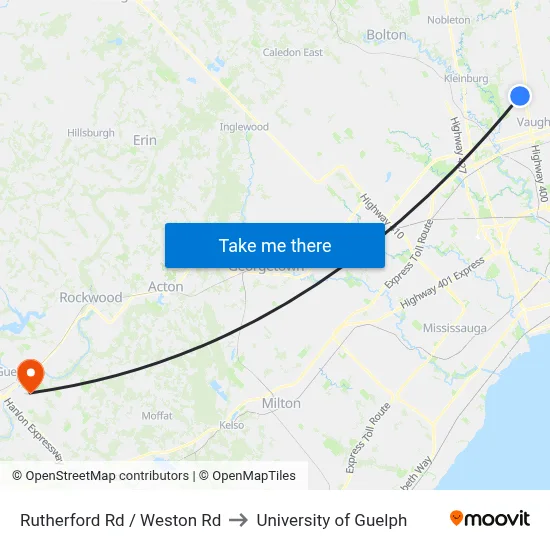 Rutherford Rd / Weston Rd to University of Guelph map