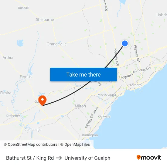 Bathurst St / King Rd to University of Guelph map