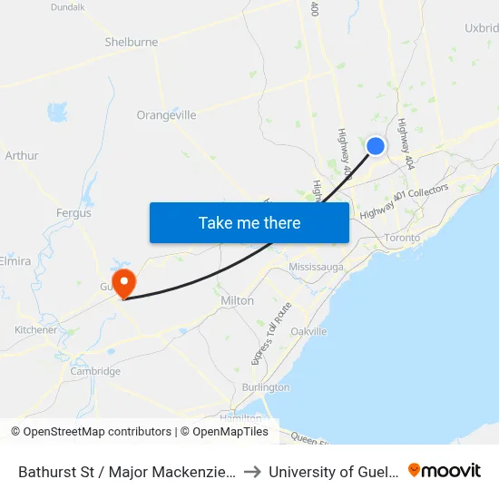 Bathurst St / Major Mackenzie Dr to University of Guelph map