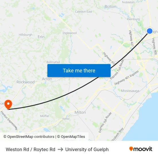 Weston Rd / Roytec Rd to University of Guelph map