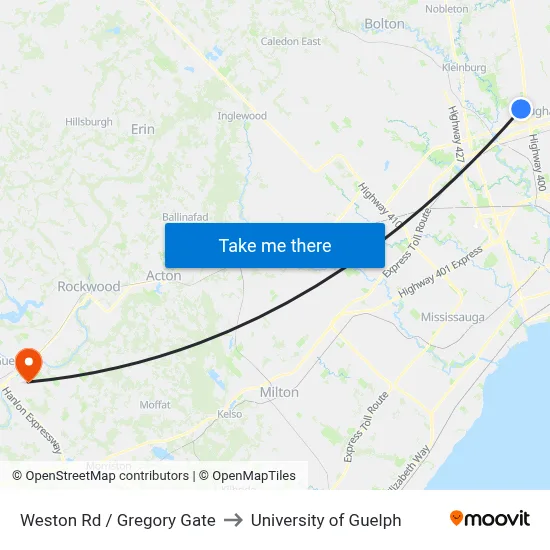 Weston Rd / Gregory Gate to University of Guelph map