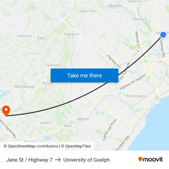 Jane St / Highway 7 to University of Guelph map
