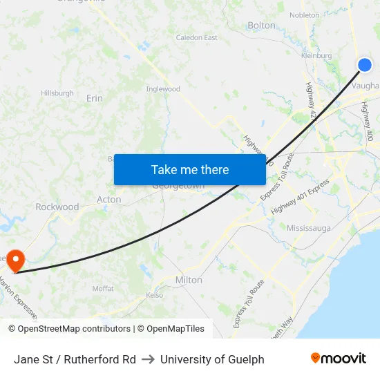 Jane St / Rutherford Rd to University of Guelph map