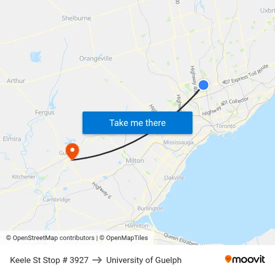 Keele St Stop # 3927 to University of Guelph map