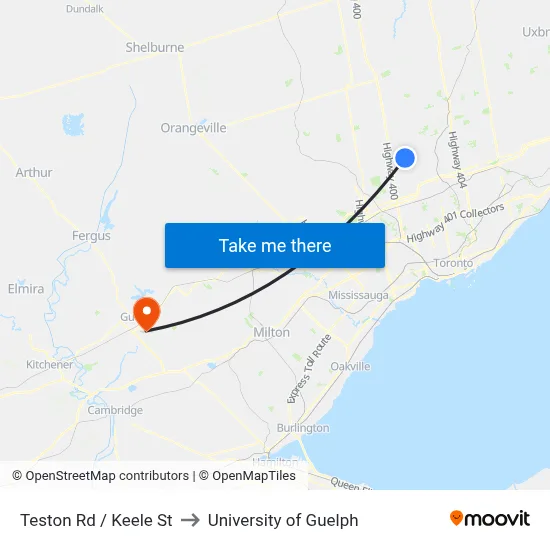 Teston Rd / Keele St to University of Guelph map