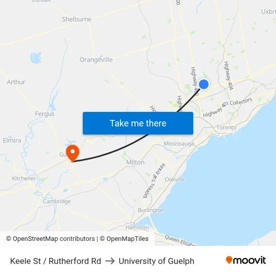 Keele St / Rutherford Rd to University of Guelph map