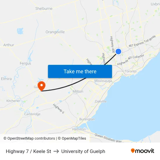 Highway 7 / Keele St to University of Guelph map