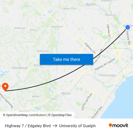 Highway 7 / Edgeley Blvd to University of Guelph map