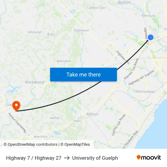 Highway 7 / Highway 27 to University of Guelph map
