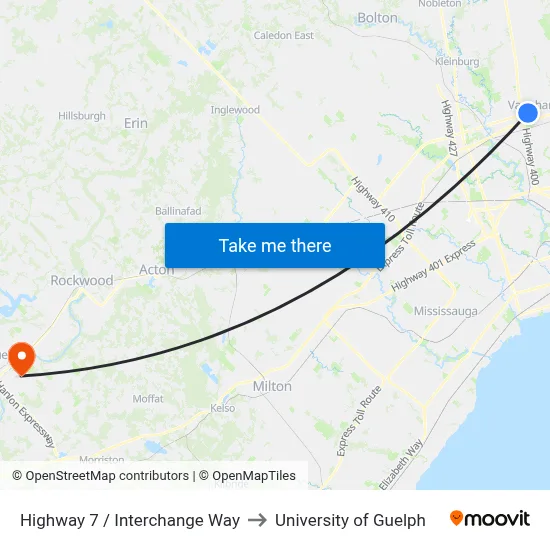 Highway 7 / Interchange Way to University of Guelph map