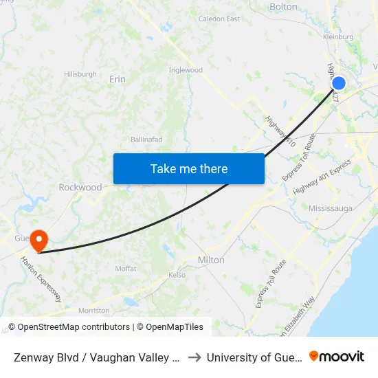 Zenway Blvd / Vaughan Valley Blvd to University of Guelph map