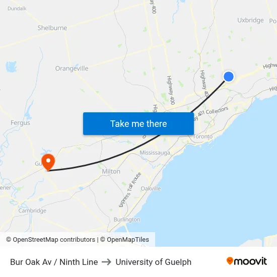 Bur Oak Av / Ninth Line to University of Guelph map